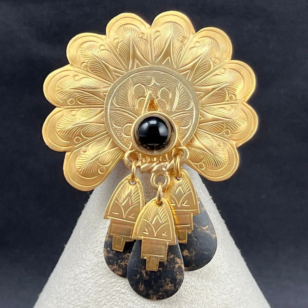 Vintage Brooch Etched Scalloped Gold Tone Black Boho Ethnic